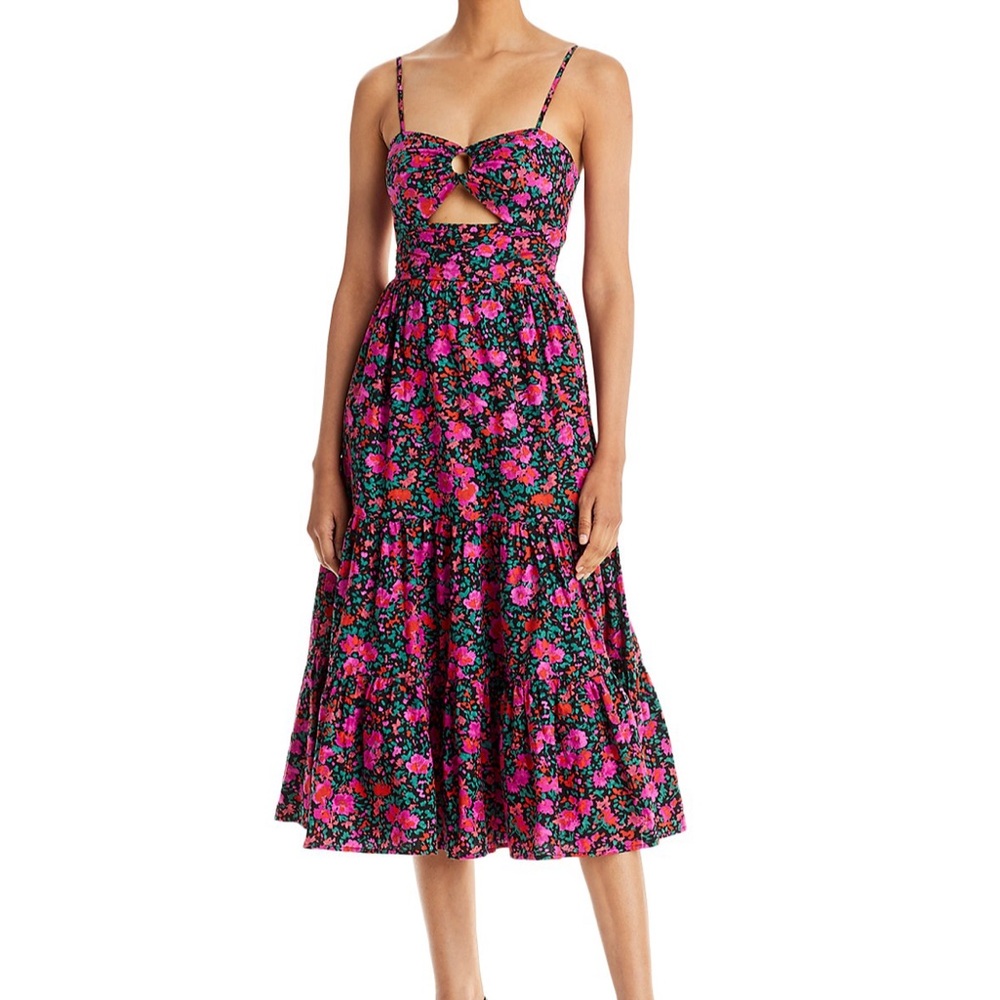AQUA Cotton Floral Print Cut Out Midi Dress - Sz L